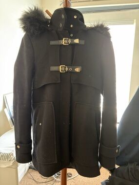 Zara Black Hooded Pea Coat with Faux Fur Trim and Buckle Toggles